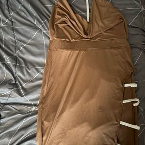 Elegant Brown Satin Dress with Side Cutouts